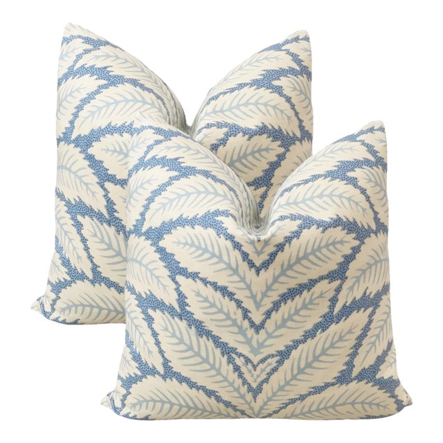 Blue Leaf 22" Down Filled Pillows - A Pair For Sale