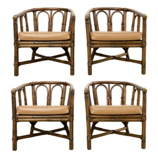 Set of Four McGuire Rattan Barrel Back Lounge Armchairs For Sale