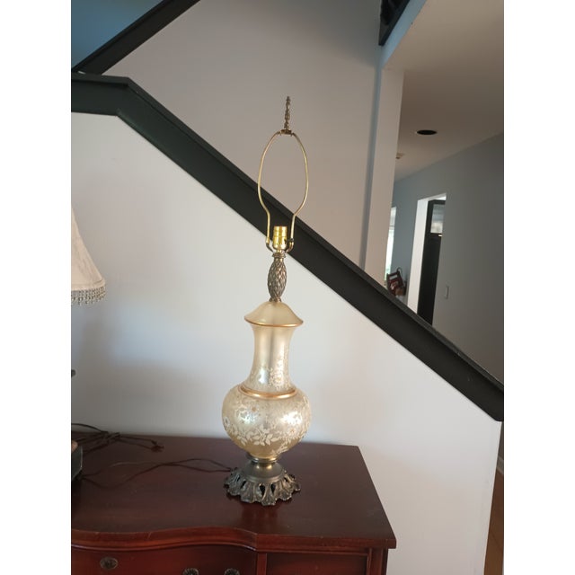 Hollywood Regency Vintage Hollywood Regency/Neo-Classical Iridescent Glass and Brass Table Lamp For Sale - Image 3 of 18