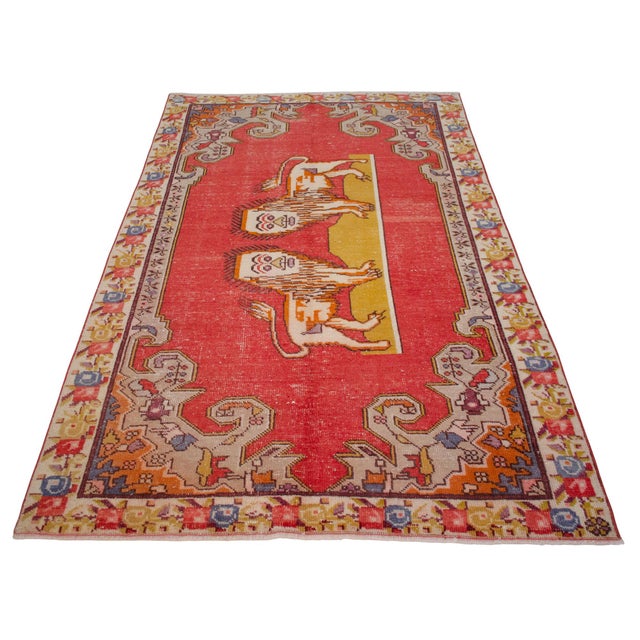 Textile Vintage Turkish Rug Primitive Lion Pattern Hand Knotted Wall & Area Rug - 4'5" X 7'3" For Sale - Image 7 of 18