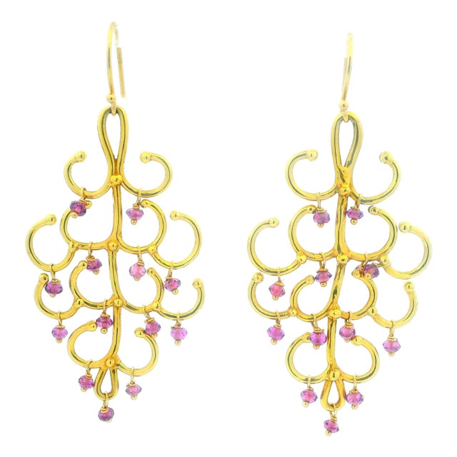 Vintage Italian 18k Gold Pink Tourmaline Chandelier Earrings, A Pair For Sale