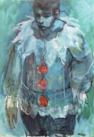 'Pierrot in Blue' by Janice Haefner, Large Mid-Century Figural Oil by Early Los Altos, California Modernist