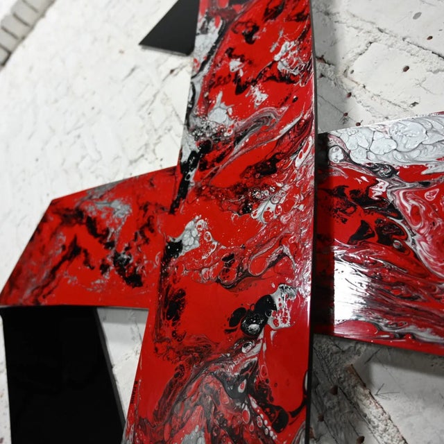 Red 1990 Abstract Richard Mann Folded Plexiglass Ribbon Wall Sculpture Red Black & Metallic Silver For Sale - Image 8 of 12