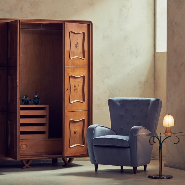 Paolo Buffa Italian Cornflower Blue Velvet Lounge Chair in the Manner of Paolo Buffa, 1950s For Sale - Image 4 of 11