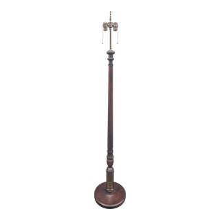 Mid-20th Century Mahogany and Brass Inset Dual Lights Floor Lamp For Sale