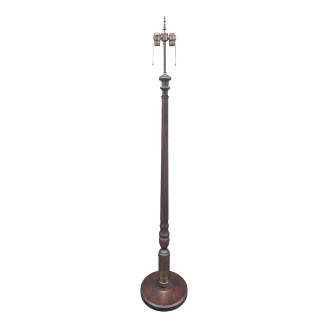 Mid-20th Century Mahogany and Brass Inset Dual Lights Floor Lamp For Sale