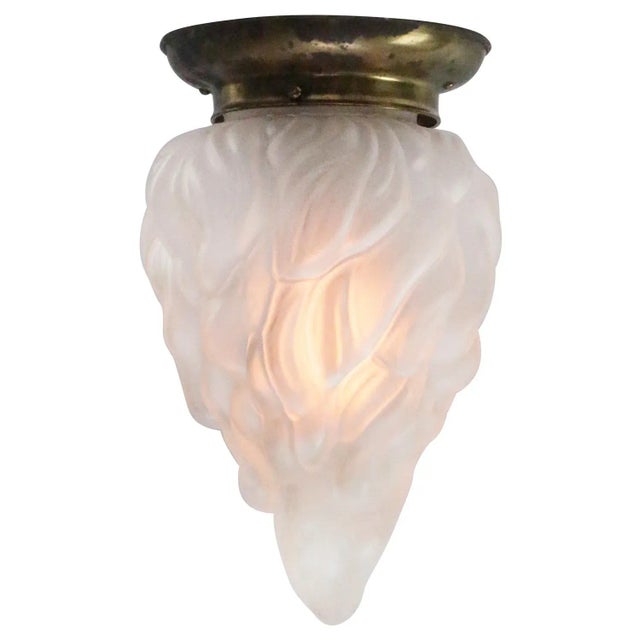 Art Deco Brass Frosted Glass Flush Mount Ceiling Lamp For Sale - Image 3 of 5