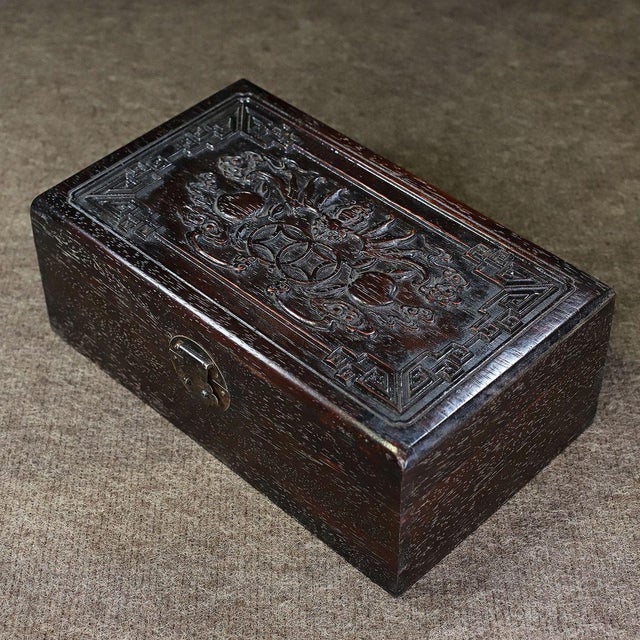 1990s Dark Hardwood Relief-Carved Box, Bat, Double Coin & Peach Motifs, "Fu Shou Ru Yi" Treasure Chest For Sale - Image 5 of 9