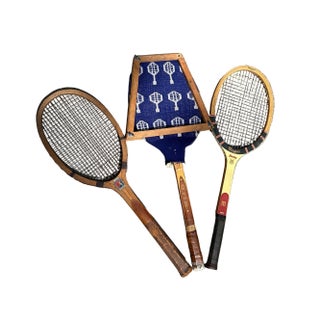 Vintage Collection of Miscellaneous Tennis Rackets With Guard and Hand Knit Cover For Sale