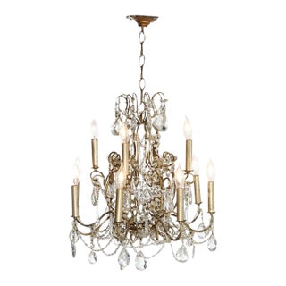 Antique French Louis XIV Style Brass & Crystal 12-Light Teired Chandelier C1930 For Sale