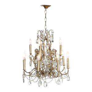 Antique French Louis XIV Style Brass & Crystal 12-Light Teired Chandelier C1930