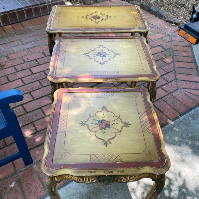 French Country French Country Set of Three Nesting Tables Hand Painted For Sale - Image 3 of 12
