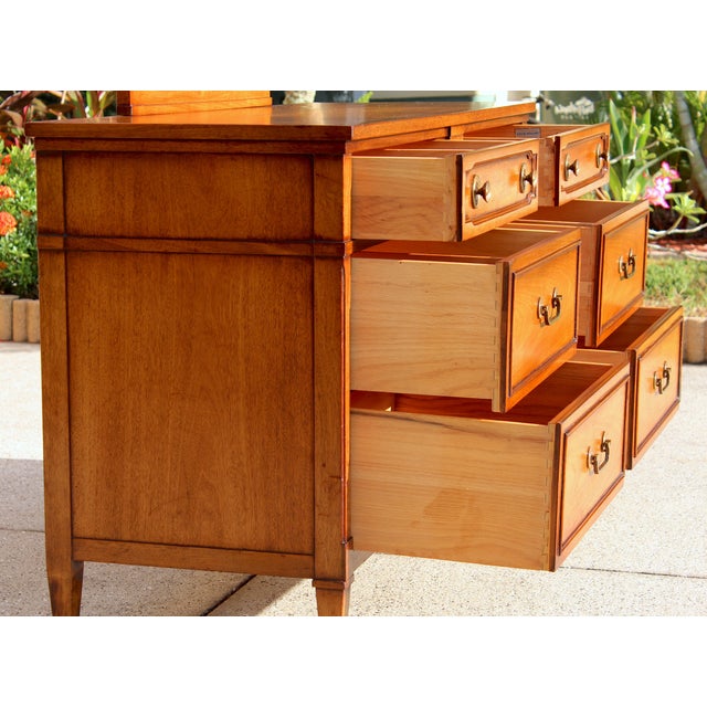 Brass Drexel Mid-Century Mahogany Lowboy Dresser With Matching Mirror - Vintage Solid Wood With Hidden Compartment For Sale - Image 8 of 18