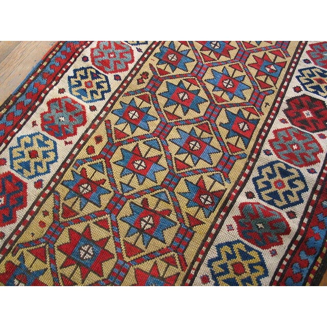 Rustic 1890s Yellow Geometric Rustic Antique Caucasian Moghan Rug 3'2" X 8'10" Handknotted Wool Carpet For Sale - Image 3 of 4