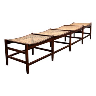 Brazilian Rosewood and Cane Four Seat Bench With Ivory Boucle Cushions, Brazil, 1960s For Sale