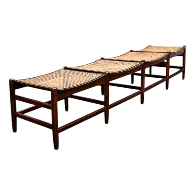 Brazilian Rosewood and Cane Four Seat Bench With Ivory Boucle Cushions, Brazil, 1960s For Sale