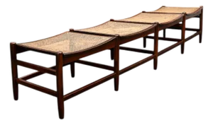 Brazilian Rosewood and Cane Four Seat Bench With Ivory Boucle Cushions, Brazil, 1960s