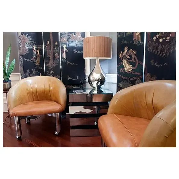 Camel Pair of 1970s Post-Modern Vinyl & Chrome Lounge Chairs Attributed to Milo Baughman For Sale - Image 8 of 10