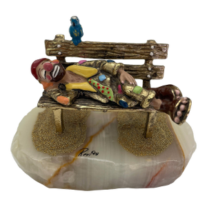 Vintage Ron Lee Circus Clown Sleeping on Park Bench Sculpture With Blue Bird, 1988
