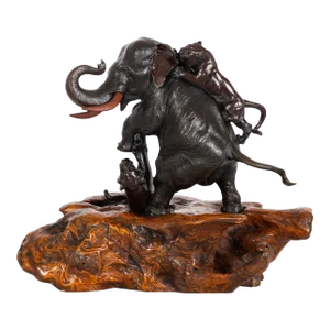 Large Japanese Meiji Bronze Sculpture Elephant and Tigers by Mitsumoto