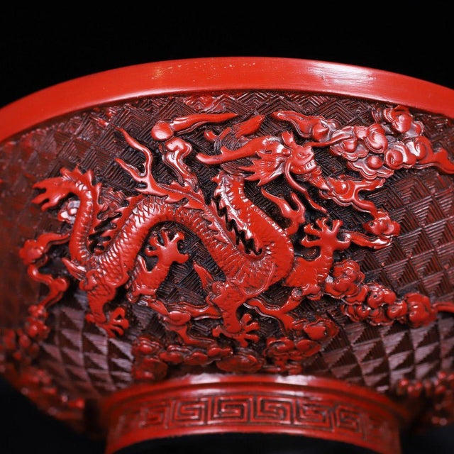 Vintage Chinese Cinnabar Carved Lacquer Bowl With Dragon Motif For Sale - Image 9 of 10