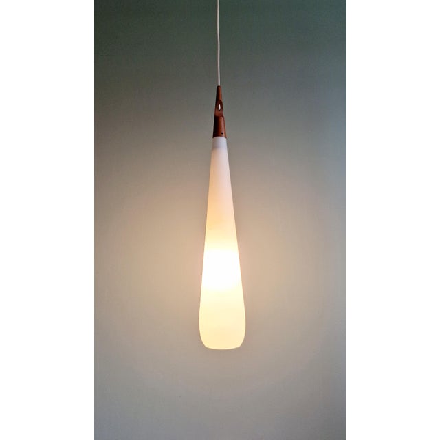 Wood Scandinavian Suspension in White Opaline Glass & Teak by Uno & Östen Kristiansson for Luxus, 1960s For Sale - Image 7 of 14