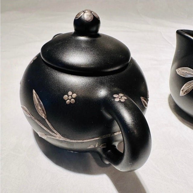 Metal Vintage 1990s Emilia Castillo Silver Black Ceramic Toucan Sugar Bowl Creamer Set For Sale - Image 7 of 11
