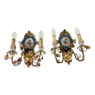 Two-Light Wall Lamps in Wrought Iron and Decorated Porcelain, 1940s, Set of 2 For Sale