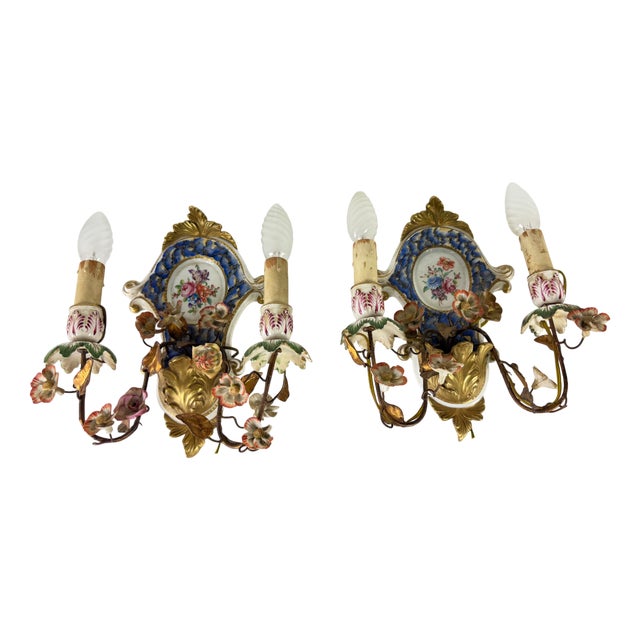 Two-Light Wall Lamps in Wrought Iron and Decorated Porcelain, 1940s, Set of 2 For Sale