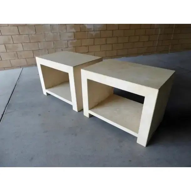 Mid century modern travertine end tables. Tables are solid and very heavy. Honed and filled. Nice pair of matching tables....