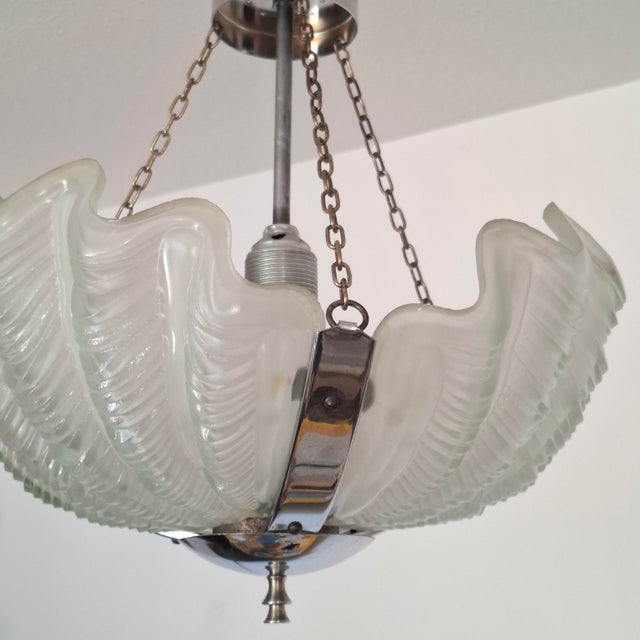 Art Deco Pendant Light with Shell-Shaped Glass Shade, 1930s For Sale - Image 4 of 17