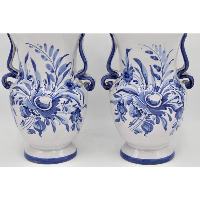 1960s Vintage Italian Blue and White Ceramic Flower Vases - a Pair For Sale - Image 5 of 9