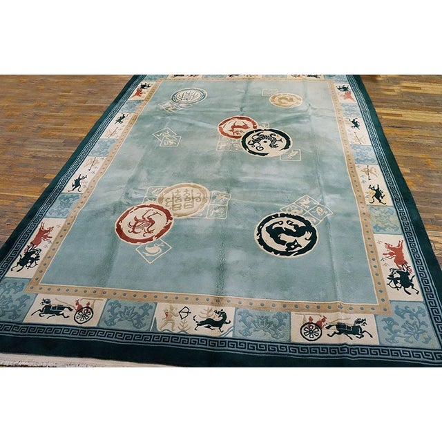 Art Deco 1980s Sky Blue Animal Vintage Chinese Art Deco Rug 9' X 12'3" Handknotted Wool Carpet For Sale - Image 3 of 5