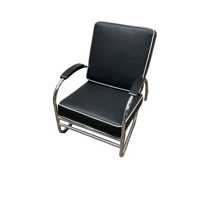 Art Deco Chrome Tubular Sofa & Lounge Chair Set in Black Leather - Set of 2 This exquisite Art Deco sofa and lounge chair...