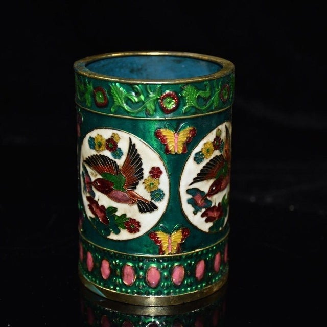 Green 1960s Enamel Brush Pot With Bird and Flower Motif For Sale - Image 8 of 9