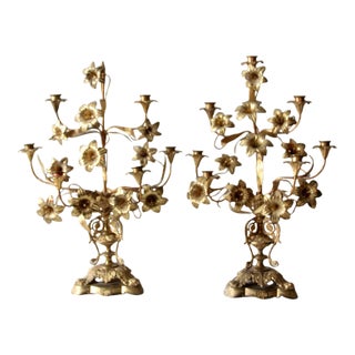Antique Brass Candelabras Pair For Sale