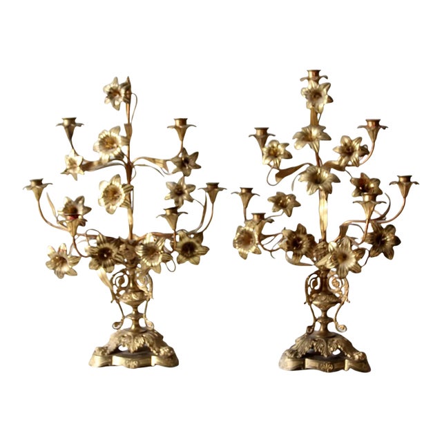 Antique Brass Candelabras Pair For Sale