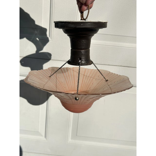 Metal Antique Pink Glass Hanging Light Fixture For Sale - Image 7 of 8
