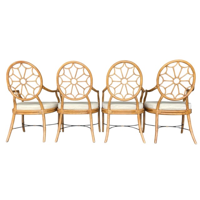 Rattan Medallion Back Dining Chairs in the Style of Ferguson Copeland | Set of 4 For Sale In Naples, FL - Image 6 of 9