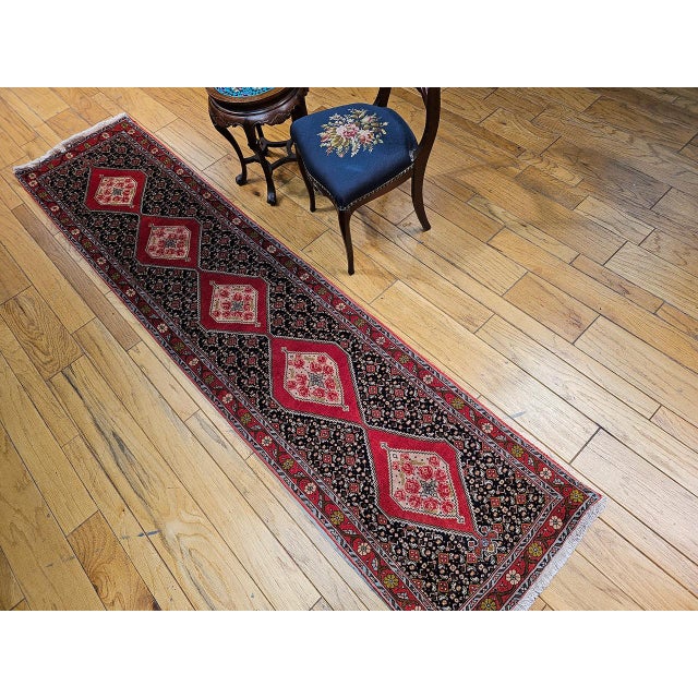Persian Vintage Persian Bidjar Runner, Hand-Knotted Wool, Geometric Pattern, Navy & Red, 3x10 For Sale - Image 3 of 15