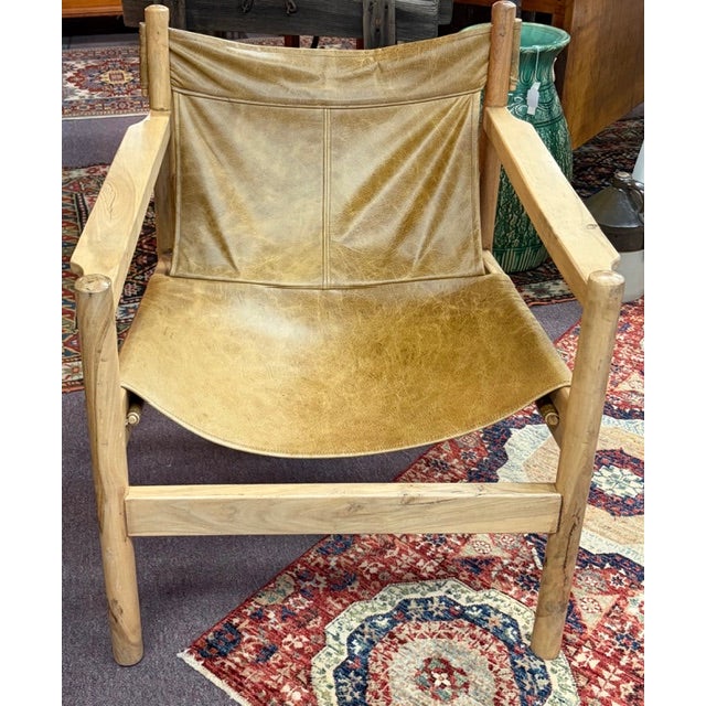 Mid-Century Modern Mid Century Wood and Leather Sling Safari Lounge Chair For Sale - Image 3 of 6