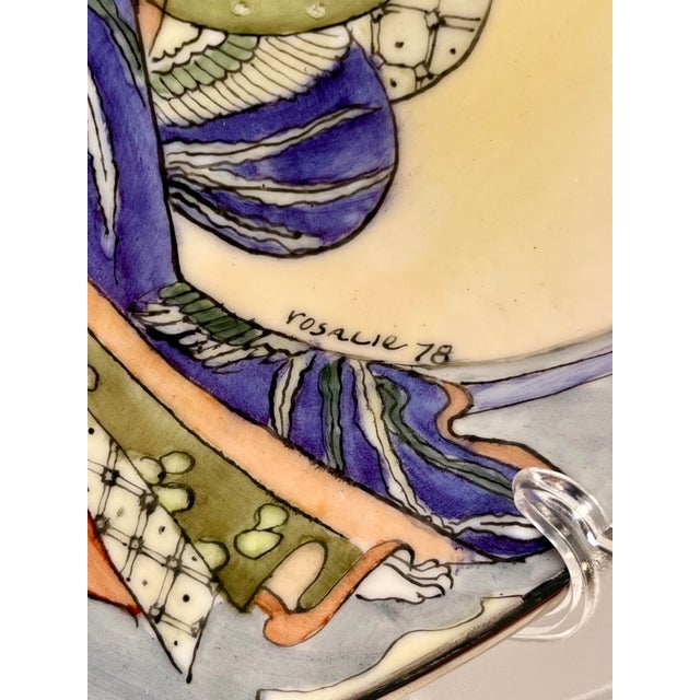 Japanese 1978 Hand Painted Dojoji Temple Love Story Ceramic Plate by Rosalie 12.5”d For Sale - Image 3 of 7