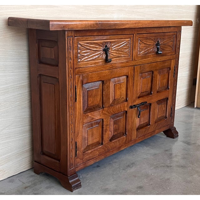 19th Spanish Narrow Baroque Carved Walnut Tuscan Two Drawer Credenza or Buffet For Sale - Image 6 of 11