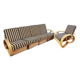 Restored MCM 3/4 Pretzel Rattan Sectional Sofa & Recliner Chair Living Room Set For Sale