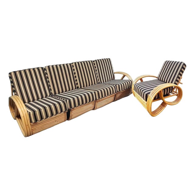 Restored MCM 3/4 Pretzel Rattan Sectional Sofa & Recliner Chair Living Room Set For Sale