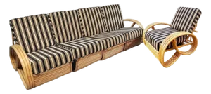 Restored MCM 3/4 Pretzel Rattan Sectional Sofa & Recliner Chair Living Room Set