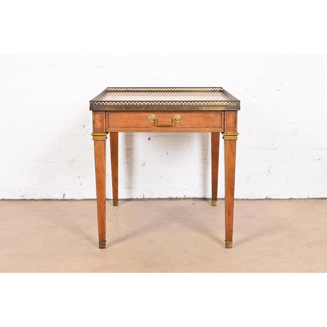 Baker Furniture Company Baker Furniture French Regency Louis XVI Walnut, Burl Wood, and Brass Tea Table For Sale - Image 4 of 11