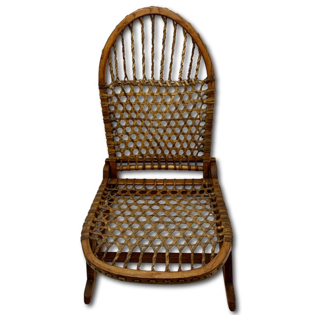 Vintage Tubbs Vermont Made "Snow Shoe" Style Stream Bent Ash Wood & Hand Woven Hide Canoe & Camping Folding Chair For Sale - Image 9 of 18
