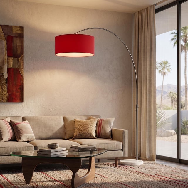 Mid-Century Modern 1960s 92" Adjustable Mid Century Floor Lamp - Modern Arc Lamp, Crimson Red Linen Shade, White Mable Base For Sale - Image 3 of 5