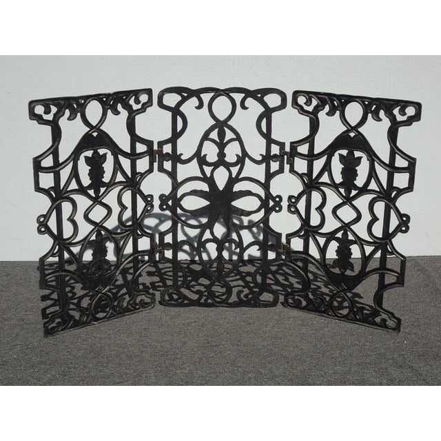 Vintage Spanish Style Cast Iron Three Panel Ornate Black Fireplace Screen For Sale - Image 16 of 18